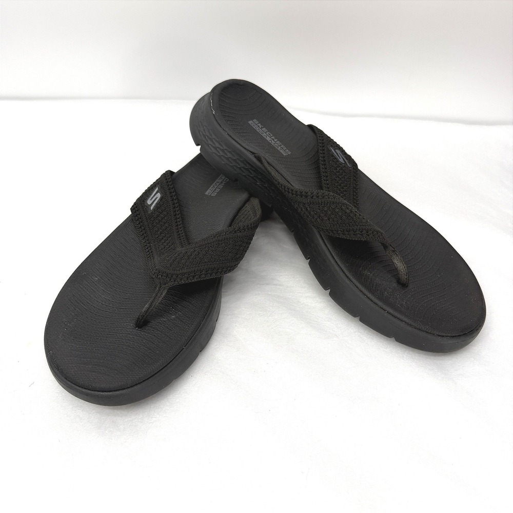 Skechers GoWalk Goga Mat Flip Flops Black Knit Comfort Sandals Women's Size 9